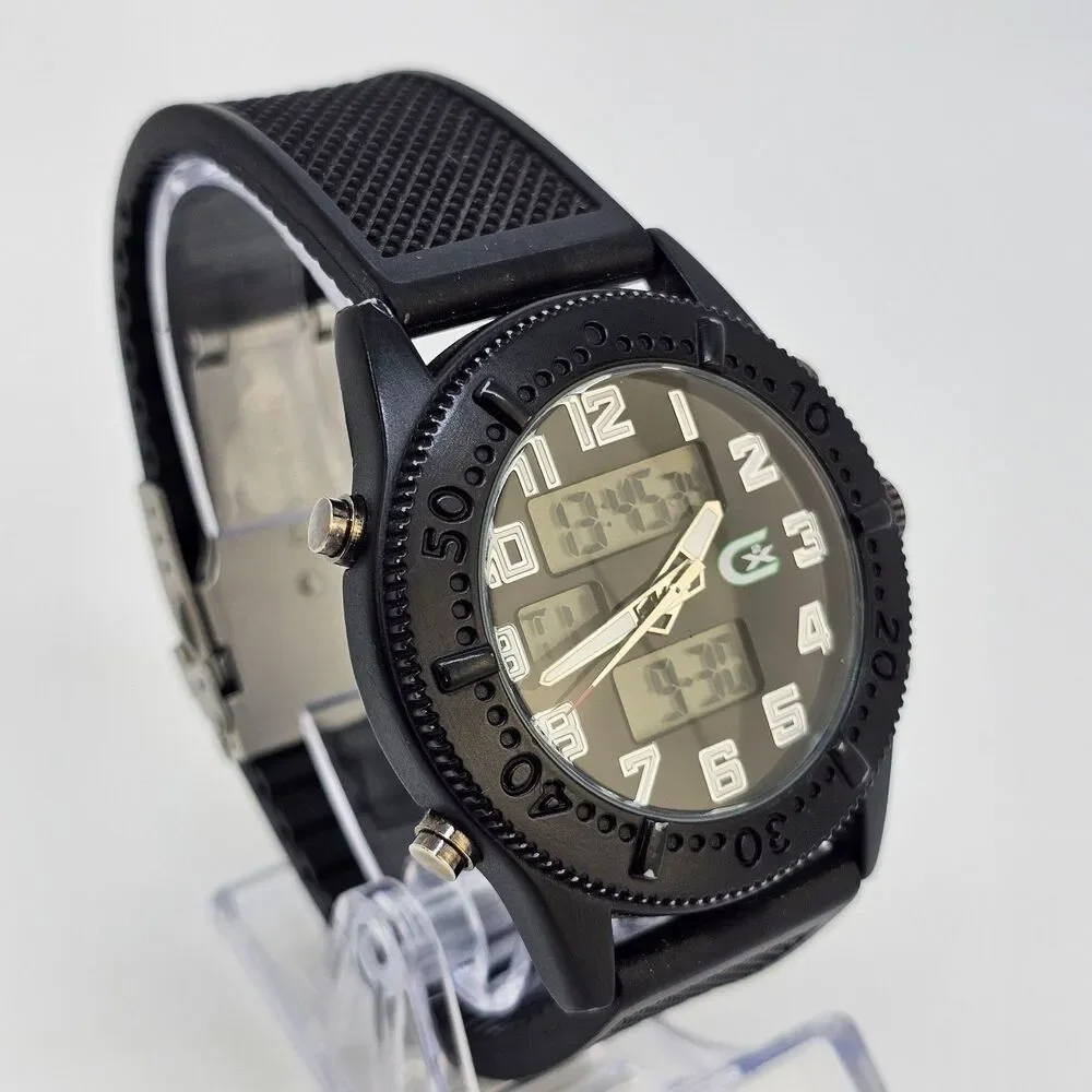 Men CX2 Croton Sport Black Tone Silicone Analog Digital Watch 46MM New Batteries